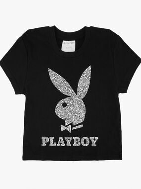 PLAYBOY Black Tee with Faux Rhinestone  Bunny Logo